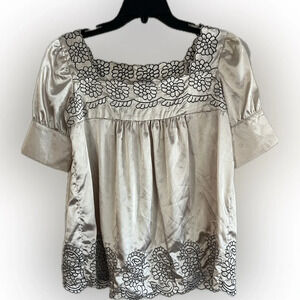 Vintage 90’s Forever 21 Embroidered Satin Top Short Sleeves Embellished Cuffs M